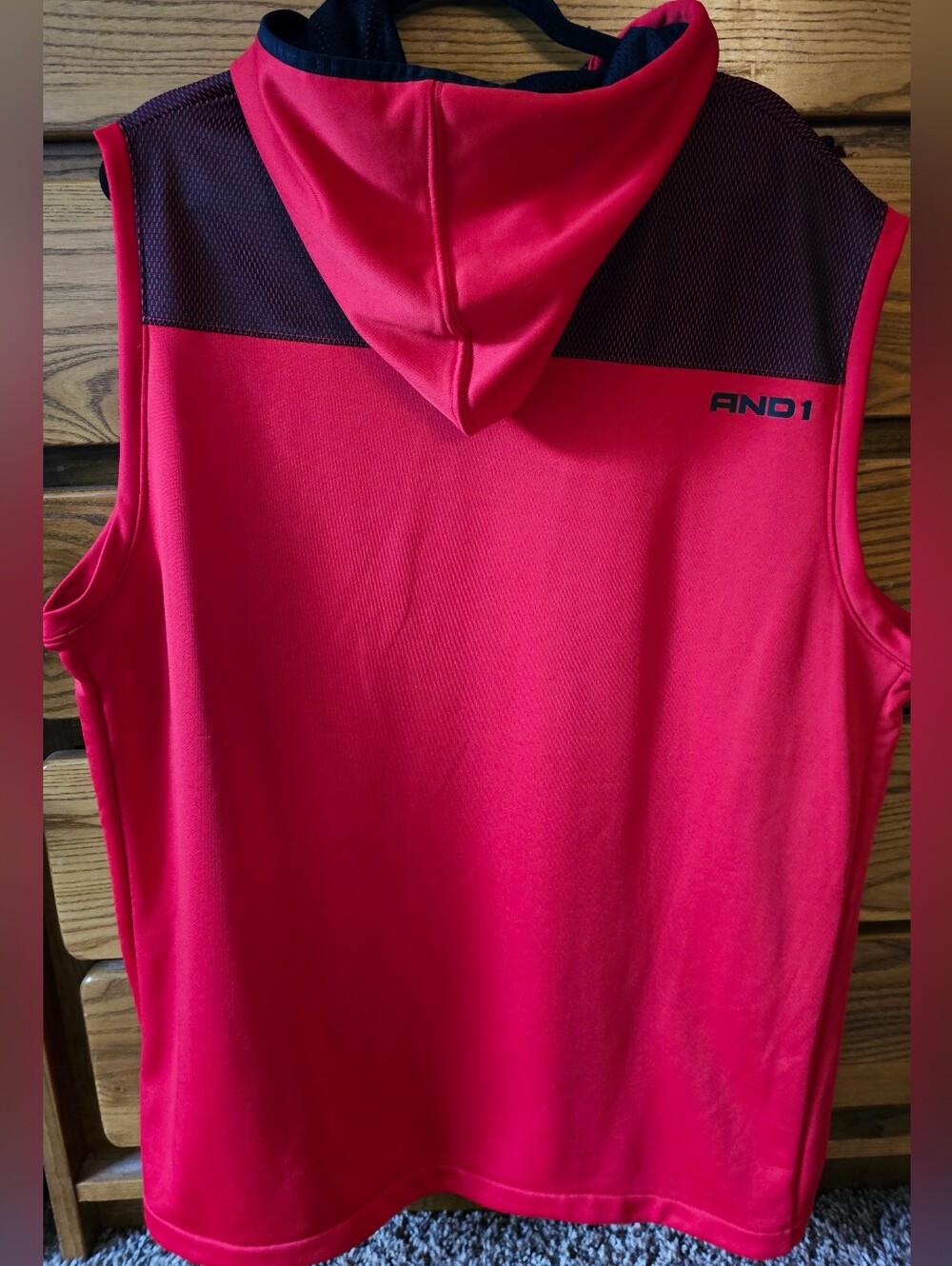Red and Black AND1 performance sleeveless hoodie featuring a mesh upper back 2XL
